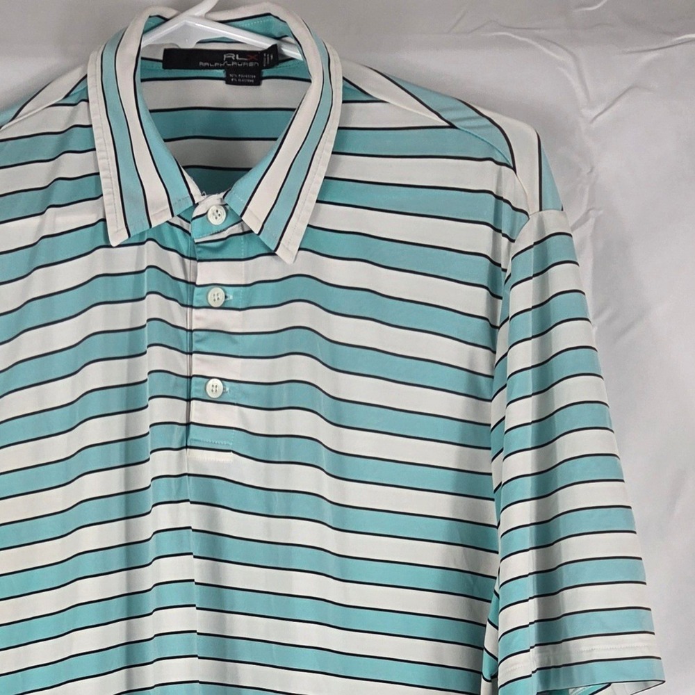 RLX Ralph Lauren Mens Teal White Striped Golf Polo Shirt Medium Short Sleeve